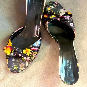 Floral kitten heel designer heels.